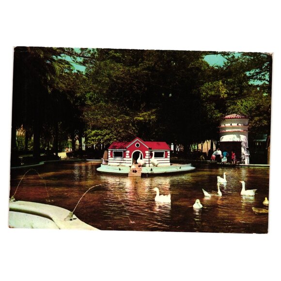 Vintage Pontevedra Spain Park Pond Postcard Duck House Swans Arribas Zaragoza - Picture 1 of 2